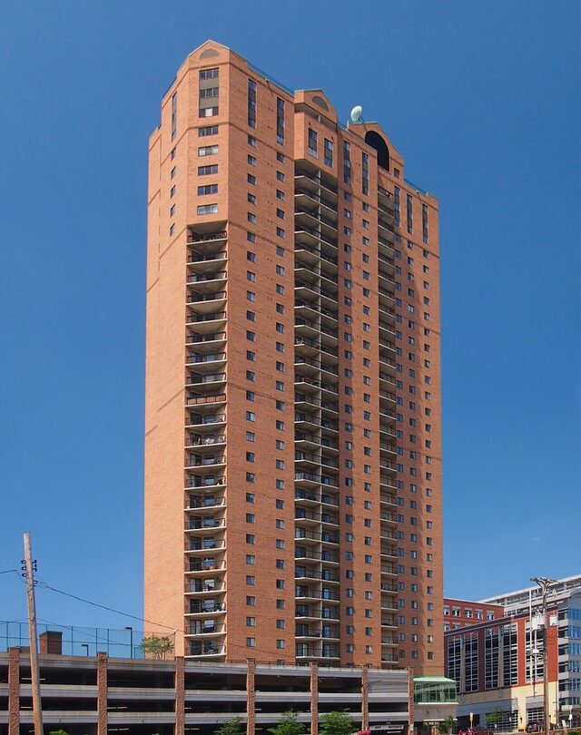 The Pointe of St. Paul, a brick high-rise condominium tower in downtown Saint Paul, Minnesota